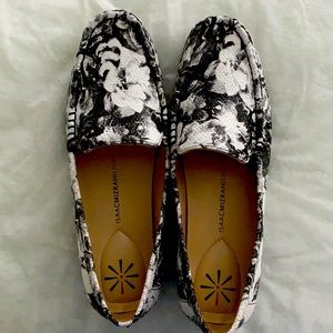 Black and White Floral Leather Loafers